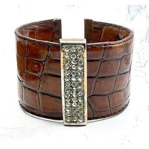 Brown Croc Embossed Cuff Bracelet Rhinestone Bar Wide Statement 6.5" x 1.5"